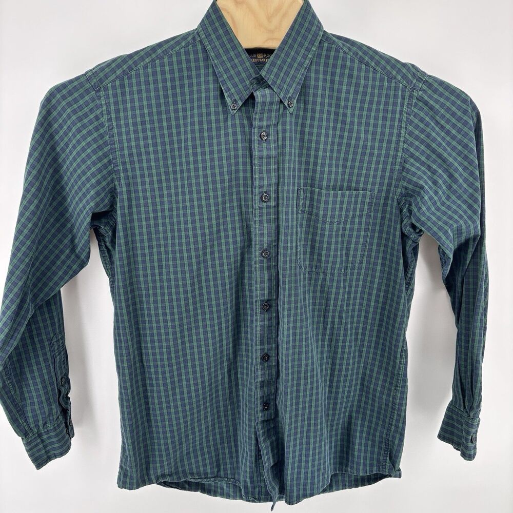 Club Room Men's 15.5 34/35 Green Navy Plaid 100% Cotton Shirt